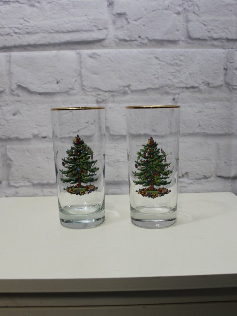 Spode Christmas Tree Highball Cooler Tumblers Set of 2 Gold Rimmed Holiday